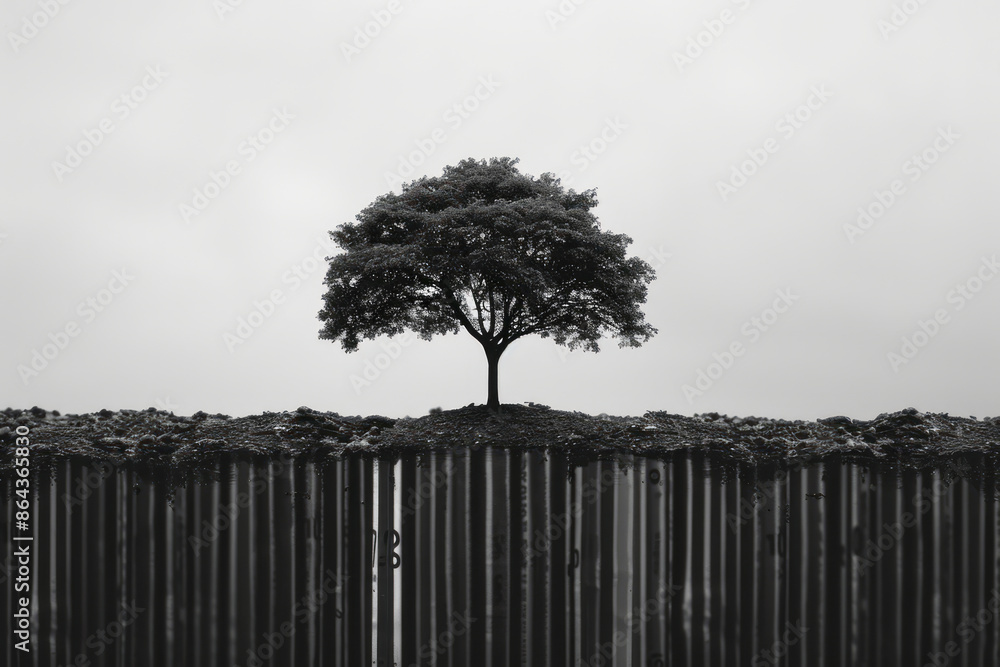 Poster Simple line art of a barcode tree growing from a single barcode line,