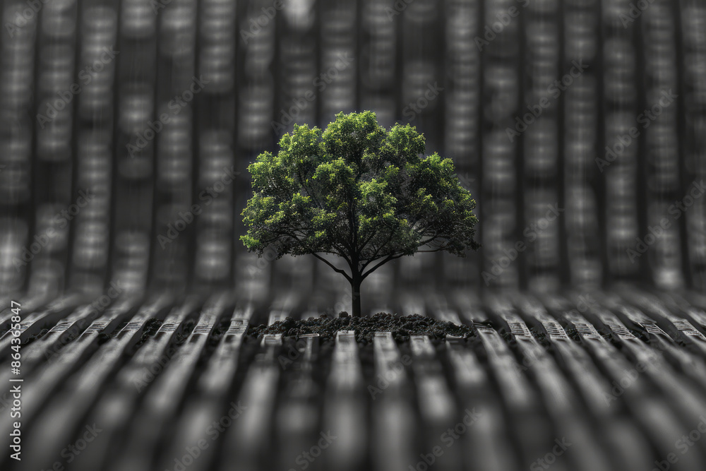 Poster simple line art of a barcode tree growing from a single barcode line,