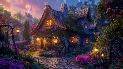 Obraz premium Illustration of A whimsical cobblestone cottage with a vibrant garden, glowing lanterns, and a winding path