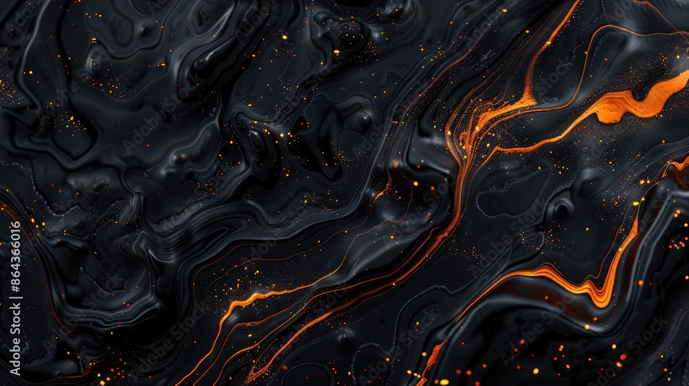 Poster abstract black fluid with orange glowing streaks and particles. digital artwork or abstract image of