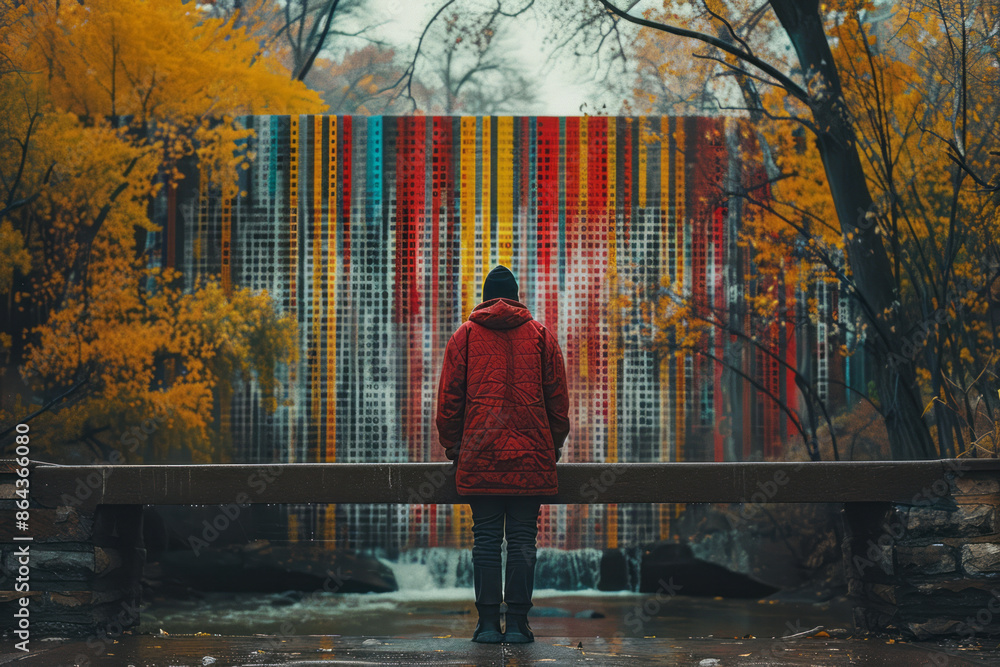 Poster a person standing on a barcode bridge spanning a digital divide,