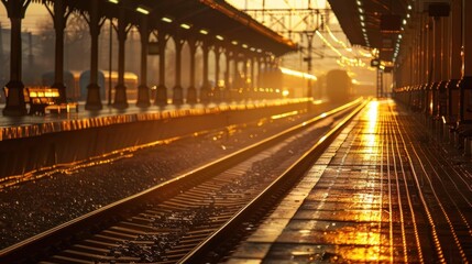 a gold railway station at dusk, the golden tracks glowing under soft evening lights, with an elegant train ready for departure and a peaceful, scenic background
