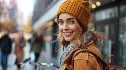 A smiling woman in a mustard beanie and cozy scarf enjoys a stroll on a city street, exuding warmth amidst the cool urban environment with people and shops around.