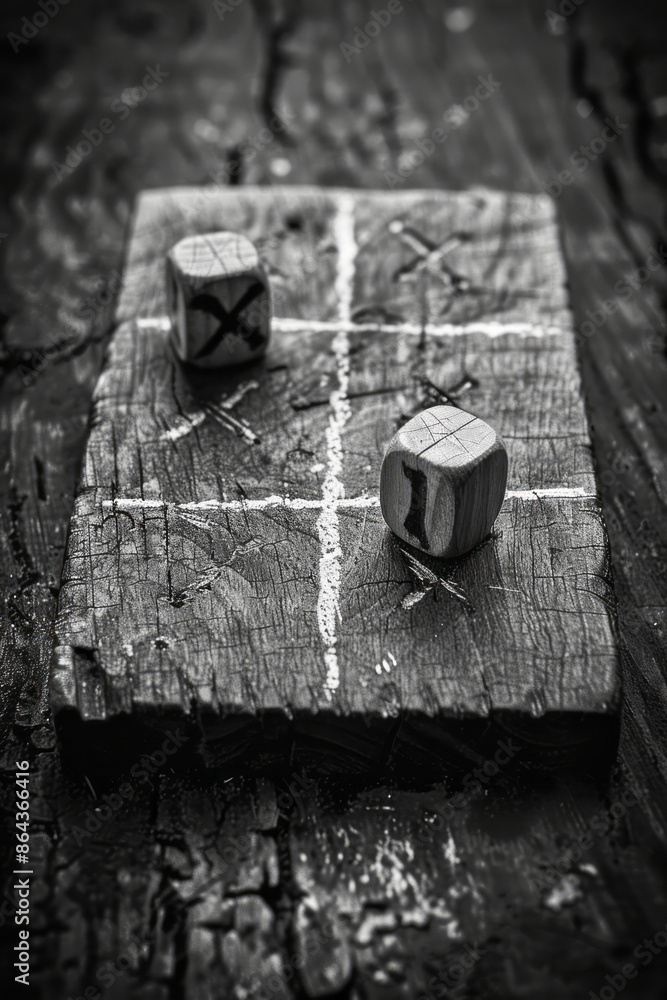Poster Tic-tac-toe game using abstract symbols for Xs and Os on a monochrome background,
