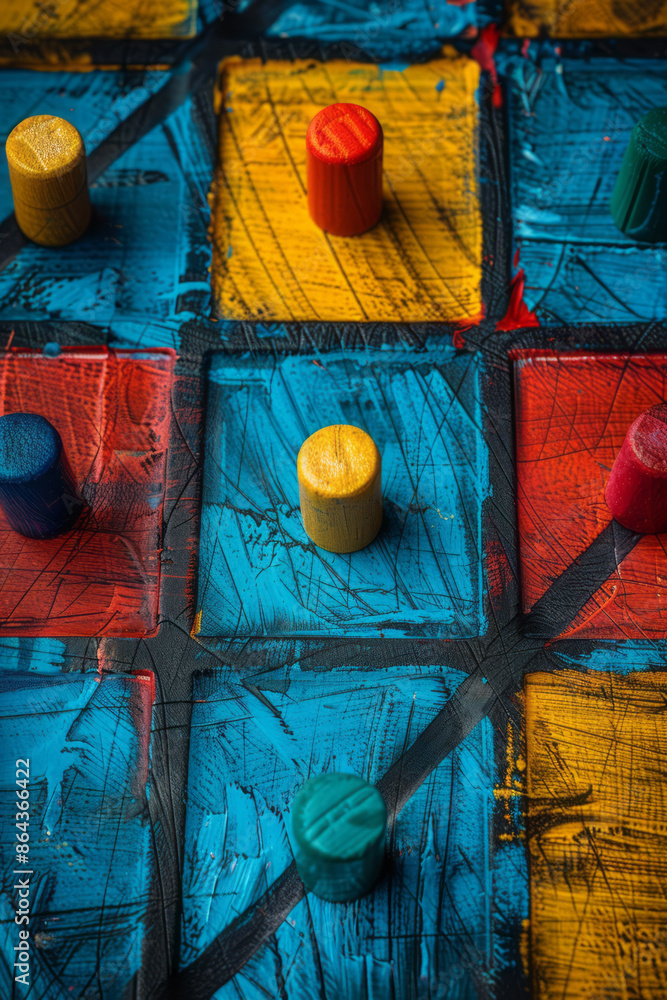 Poster Minimalist tic-tac-toe board with lines made of paper strips and markers as simple cutouts,