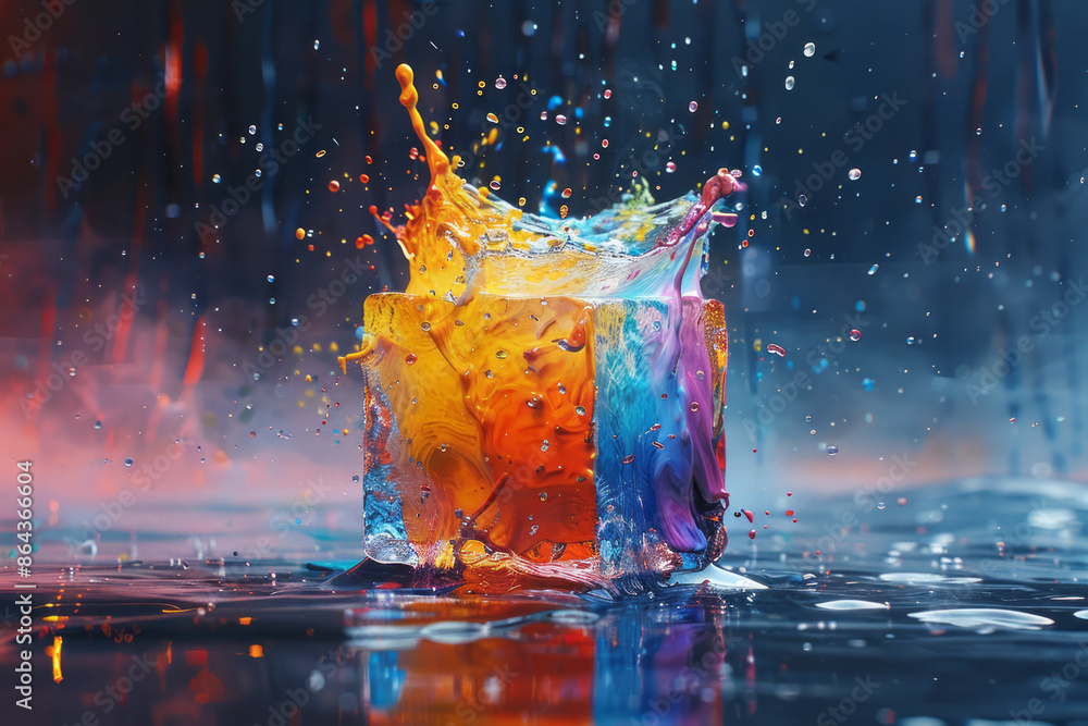 Poster a spinning cube bursting into a spectacular array of vivid colors and paints,
