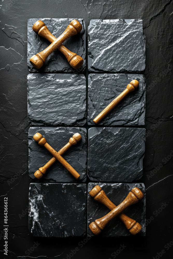 Poster Minimalist tic-tac-toe with lines as faint lines and markers as simple geometric shapes,