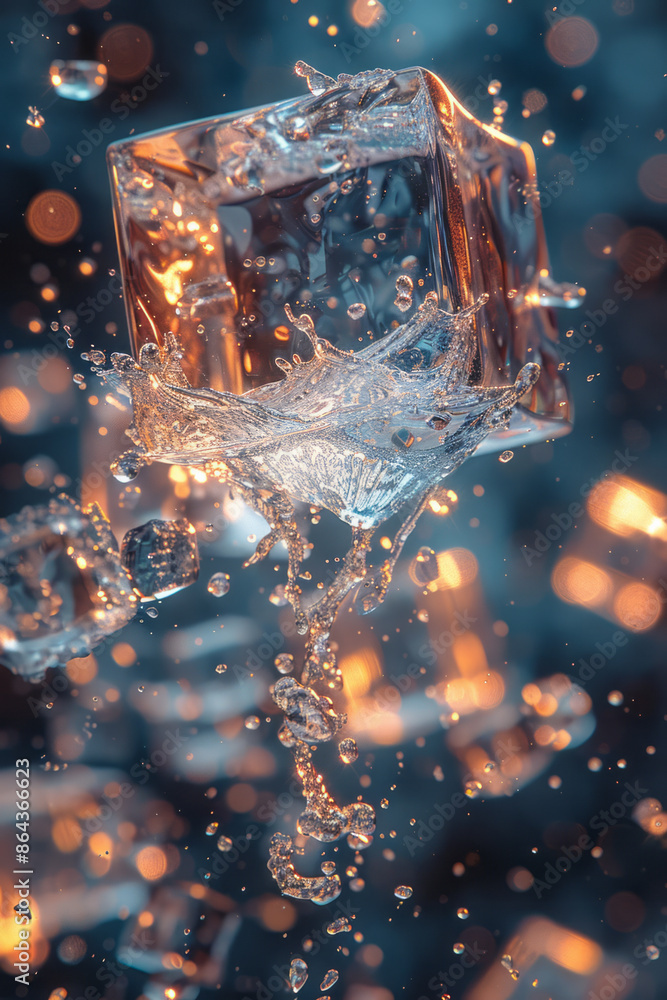 Poster rotating cube disintegrating into a whirlwind of dazzling shades and splashes,