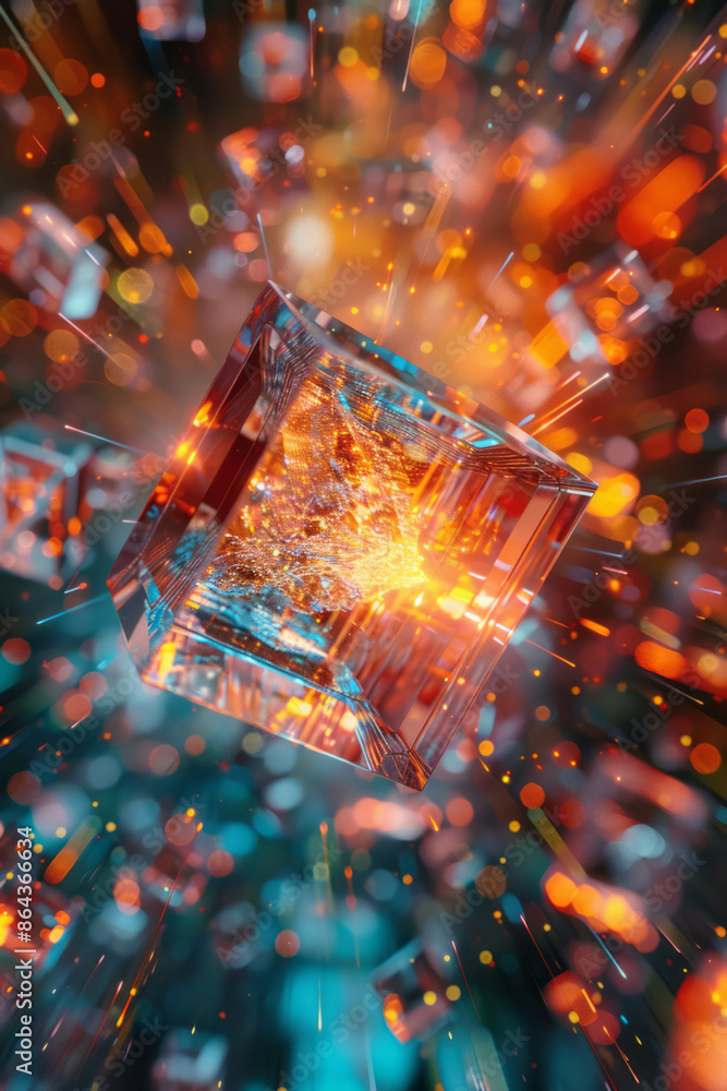 Fototapete Rotating cube disintegrating into a whirlwind of dazzling shades and splashes,