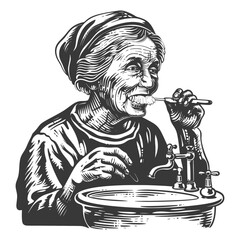 elderly woman brushing his teeth in front of the sink with engraving style