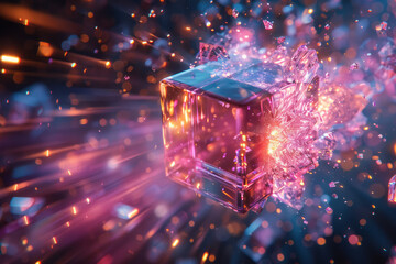 Spinning cube breaking apart into a dazzling burst of neon colors,