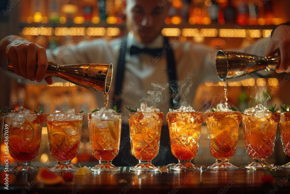 Poster elegant bartender pouring multiple cocktails in a synchronized motion, showcasing their expertise,
