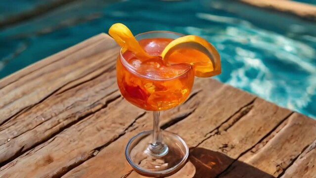 Glass of aperol spritz cocktail on pool background