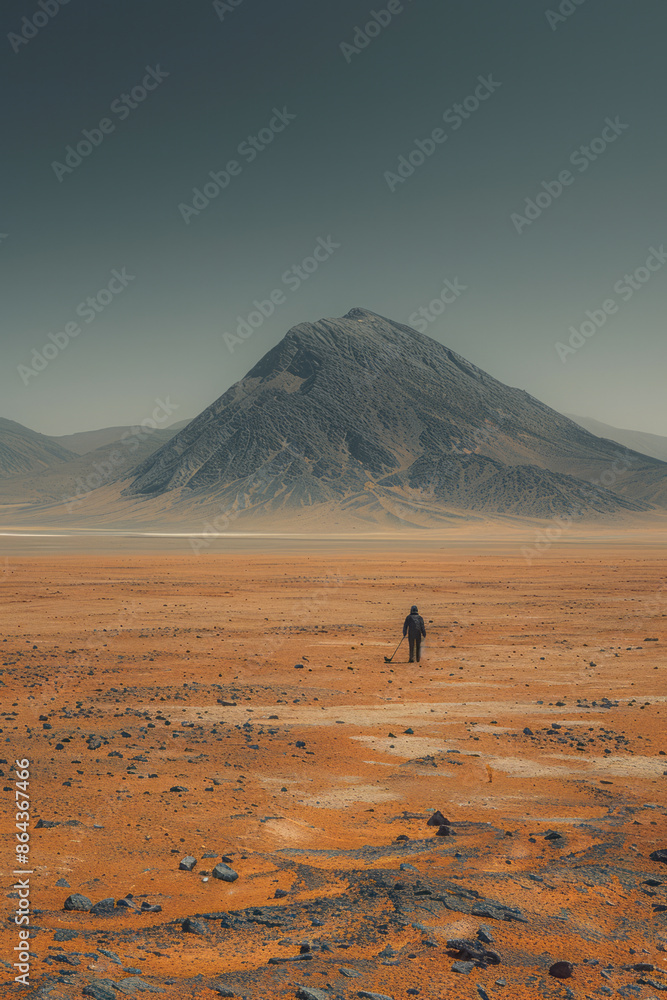 Poster minimalist view of a scientist taking soil samples in a barren desert,