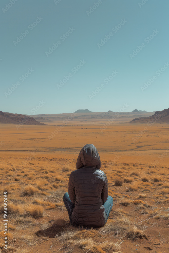 Poster minimalist view of a scientist taking soil samples in a barren desert,