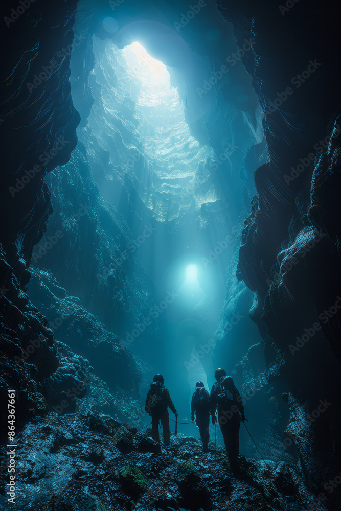 Poster minimalist view of a research team exploring a cave system,