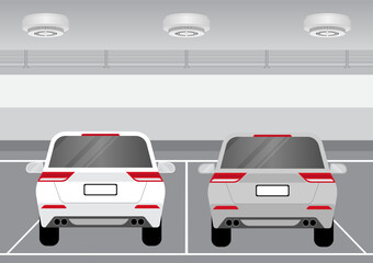 Smoke Alarm. Smoke Detector and Fire Alarm on Ceiling in Parking Lot. Vector Illustration. 