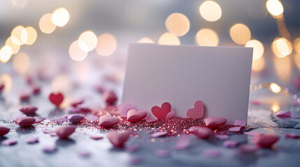 Obraz premium Mockup photo for a white blank card laying on a white surface topped with glitter, fairy lights and pink heart-shaped confetti