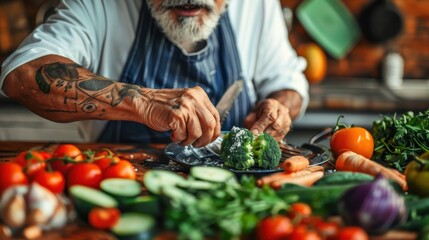 An elderly chef with tattooed arms slices fresh broccoli and other vegetables on a wooden board, showcasing culinary skills in a warmly lit kitchen.