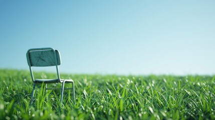 Rustic chair in a green field under clear sky during daytime. Solitude and tranquility concept