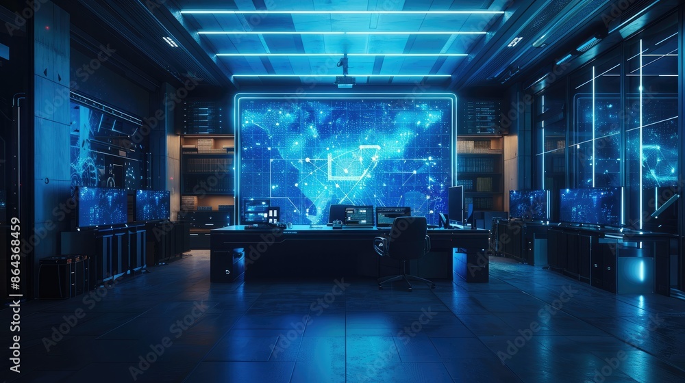 Poster In the office on the wall in the middle there is a large interactive screen. On the screen there is a hologram of a neural network. In the center there is an office desk with a laptop. Generative AI.