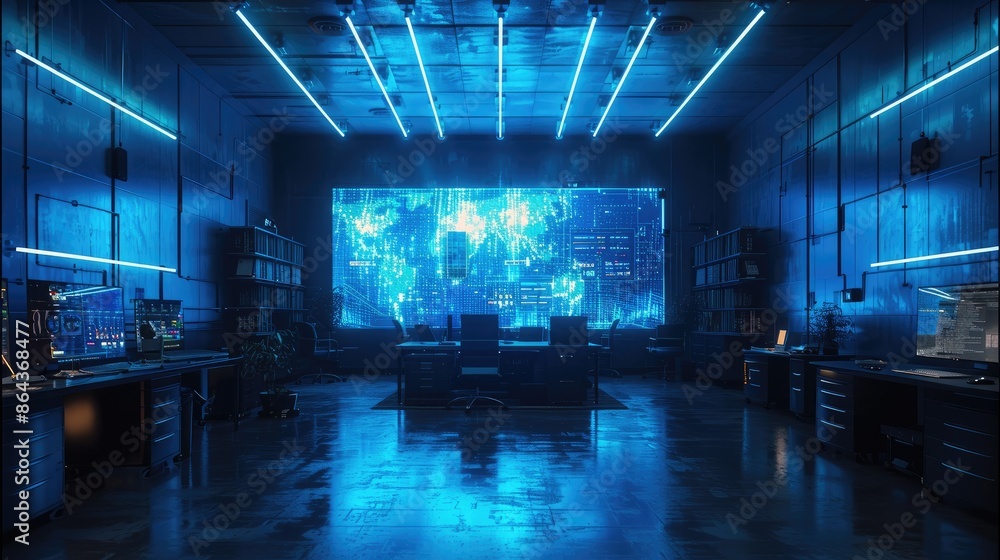 Poster In the office on the wall in the middle there is a large interactive screen. On the screen there is a hologram of a neural network. In the center there is an office desk with a laptop. Generative AI.