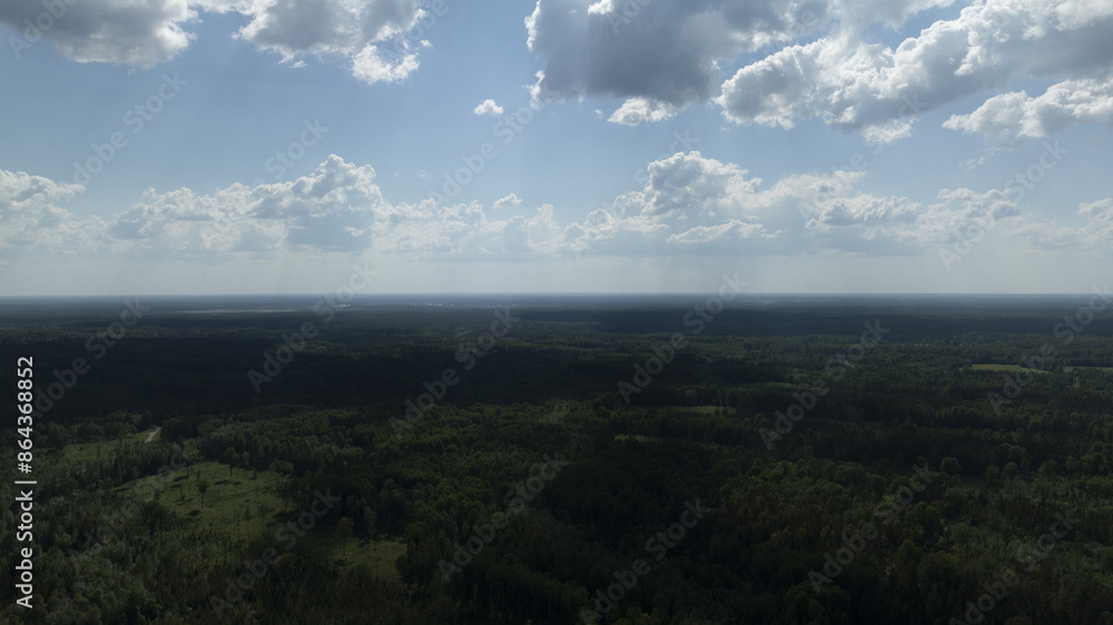 Poster  A birds-eye perspective of a verdant forest beneath a cerulean sky, adorned with fluffy white clouds and golden sunbeams filtering through