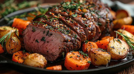 A traditional roast beef dinner, with the meat sliced and surrounded by roasted potatoes and carrots, garnished with fresh herbs. Generative AI.