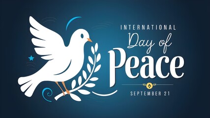 Fototapeta premium Global Peace Day. Web banner, illustration, card, and poster in vector format for social media and networks. September 21, International Day of Peace text. On a blue background, a white dove holding a