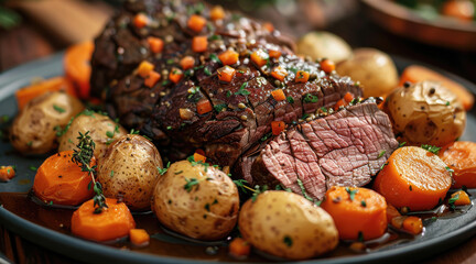 A traditional roast beef dinner, with the meat sliced and surrounded by roasted potatoes and carrots, garnished with fresh herbs. Generative AI.