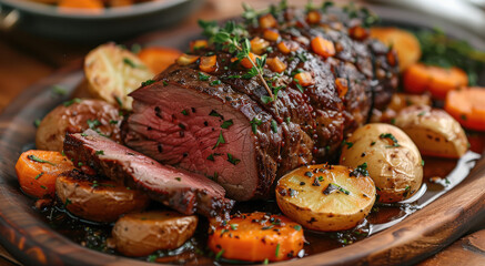 A traditional roast beef dinner, with the meat sliced and surrounded by roasted potatoes and carrots, garnished with fresh herbs. Generative AI.