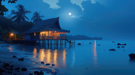 Fototapeta premium A old wood Asian house in front of the sea during the night. Generative AI.