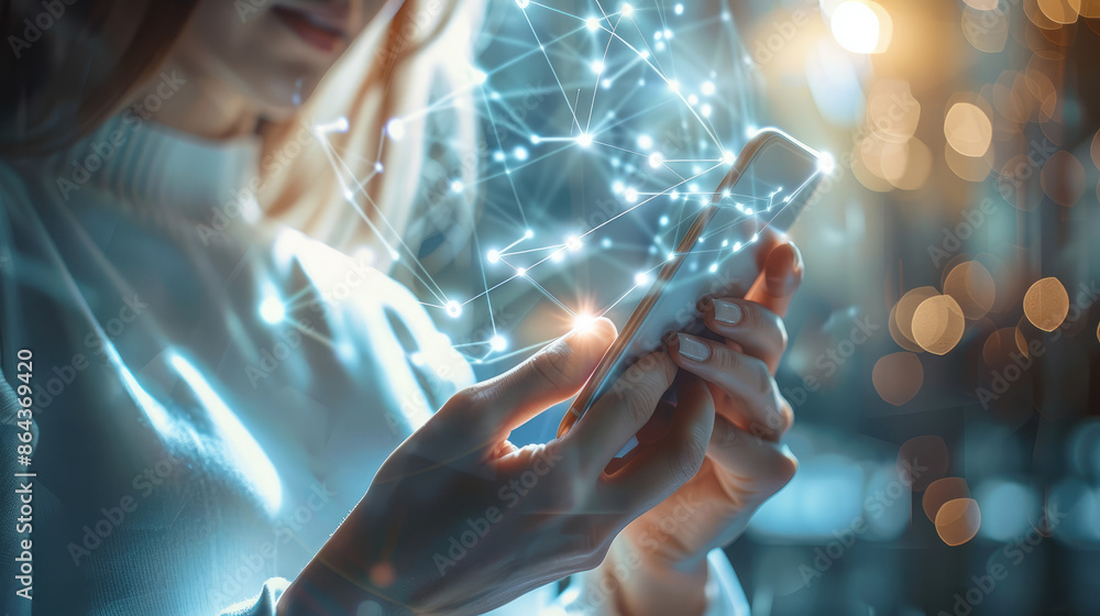 Aufkleber Hand using smartphone with digital technology data communication network and telecommunication concept. Generative AI.
