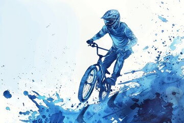 Artistic blue watercolor depiction of a mountain biking bmx athlete at the Paris 2024 Olympics, capturing the excitement and dynamic movement of the sport, Generative AI