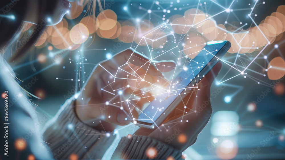 Aufkleber Hand using smartphone with digital technology data communication network and telecommunication concept. Generative AI.