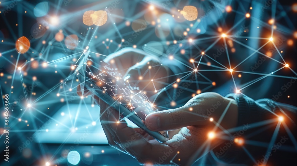 Leinwandbilder Hand using smartphone with digital technology data communication network and telecommunication concept. Generative AI.