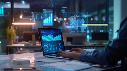 Fototapeta premium TechSavvy Professional Empowering Workspaces with Holographic Data Insights