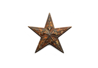 Ornate metal star decoration with intricate floral and scrollwork designs. Rustic copper toned finish with patina effects. Five pointed shape featuring embossed patterns on each arm. 