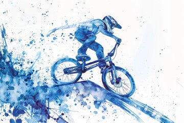 Artistic blue watercolor depiction of a mountain biking bmx athlete at the Paris 2024 Olympics, capturing the excitement and dynamic movement of the sport, Generative AI