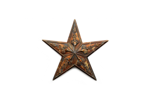 Ornate metal star decoration with intricate floral and scrollwork designs. Rustic copper toned finish with patina effects. Five pointed shape featuring embossed patterns on each arm. 