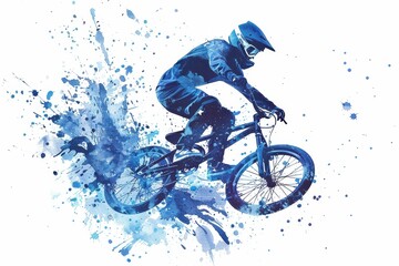 Artistic blue watercolor depiction of a mountain biking bmx athlete at the Paris 2024 Olympics, capturing the excitement and dynamic movement of the sport, Generative AI