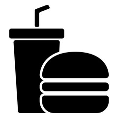 Illustration depicting a black burger and juice icon on a white background. Fast food