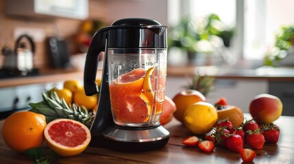 This snapshot captures a blender filled with large fruit pieces like grapefruit on a kitchen counter surrounded by a variety of whole fruits including berries and oranges.