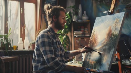man painting a picture, looking absorbed and tranquil, in a studio