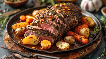 A traditional roast beef dinner, with the meat sliced and surrounded by roasted potatoes and carrots, garnished with fresh herbs. Generative AI.