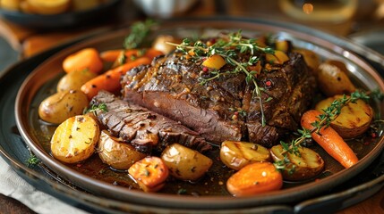 A traditional roast beef dinner, with the meat sliced and surrounded by roasted potatoes and carrots, garnished with fresh herbs. Generative AI.