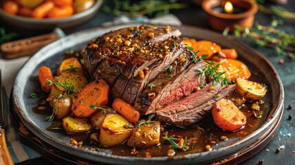 A traditional roast beef dinner, with the meat sliced and surrounded by roasted potatoes and carrots, garnished with fresh herbs. Generative AI.