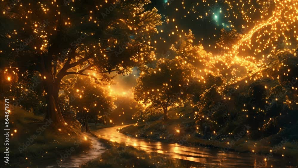 Poster the meandering river was lined with trees their branches illuminated by a swirling cloud of glowing 