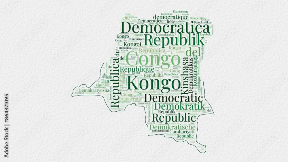 Poster dr congo logo animation. dr congo boundary word cloud animation. video of country names in multiple 