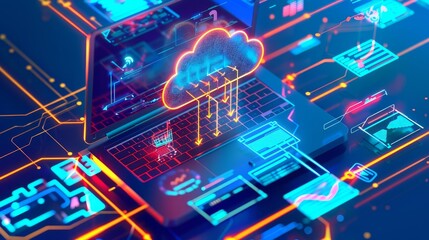Fototapeta premium FutureForward Cloud Data Transfer Laptop Interface with Holographic Cloud Symbol and Digital Files Floating in Cyberspace